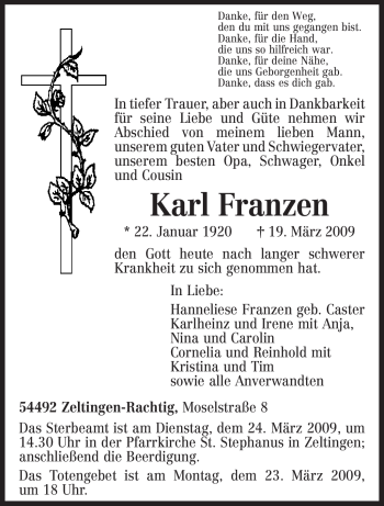 Traueranzeige von Karl Franzen von TRIERISCHER VOLKSFREUND