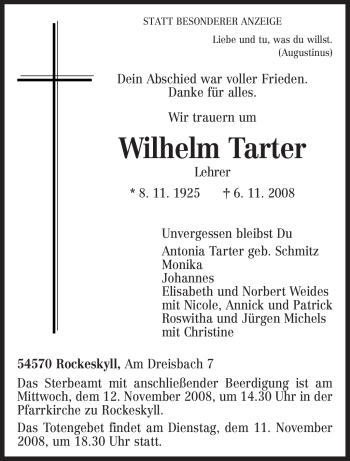 Traueranzeige von Wilhelm Tarter von TRIERISCHER VOLKSFREUND
