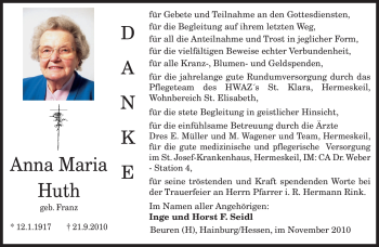 Traueranzeige von Anna Maria Huth von TRIERISCHER VOLKSFREUND