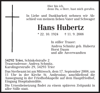 Traueranzeige von Hans Hubertz von TRIERISCHER VOLKSFREUND