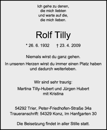 Traueranzeige von Rolf Tilly von TRIERISCHER VOLKSFREUND