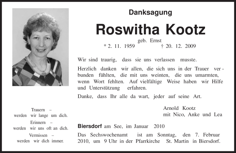  Traueranzeige für Roswitha Kootz vom 30.01.2010 aus TRIERISCHER VOLKSFREUND