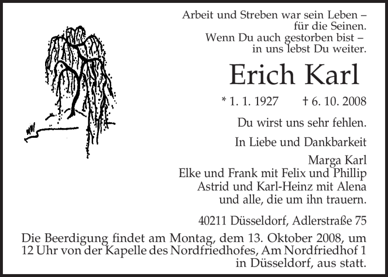  Traueranzeige für Erich Karl vom 11.10.2008 aus TRIERISCHER VOLKSFREUND