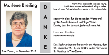 Traueranzeige von Marlene Breiling von TRIERISCHER VOLKSFREUND