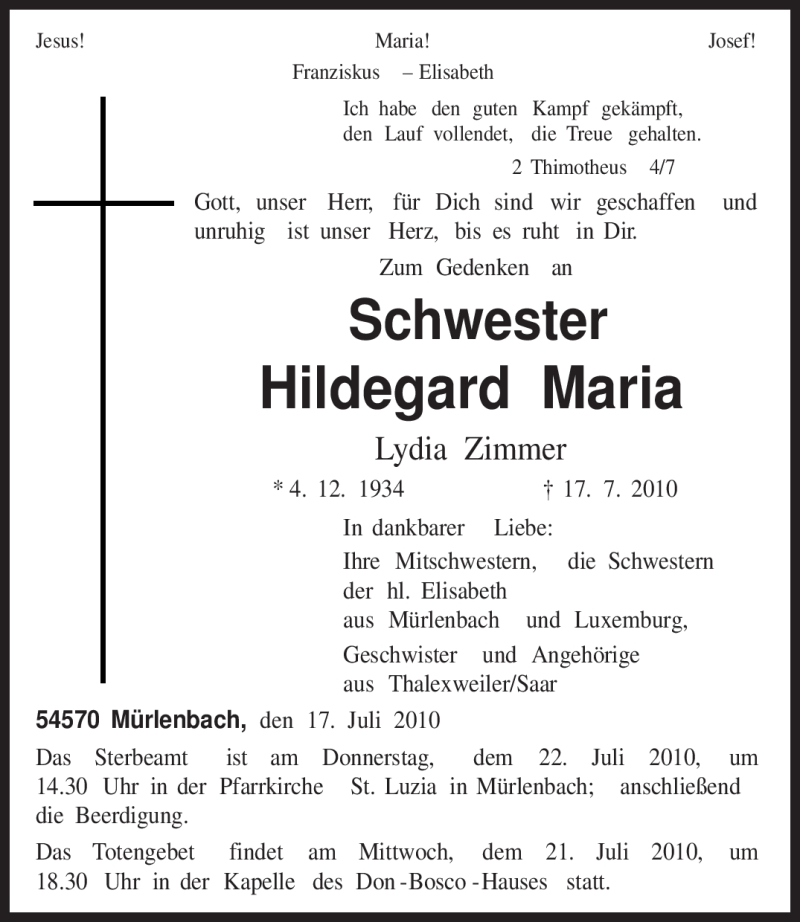  Traueranzeige für Hildegard Maria vom 19.07.2010 aus TRIERISCHER VOLKSFREUND