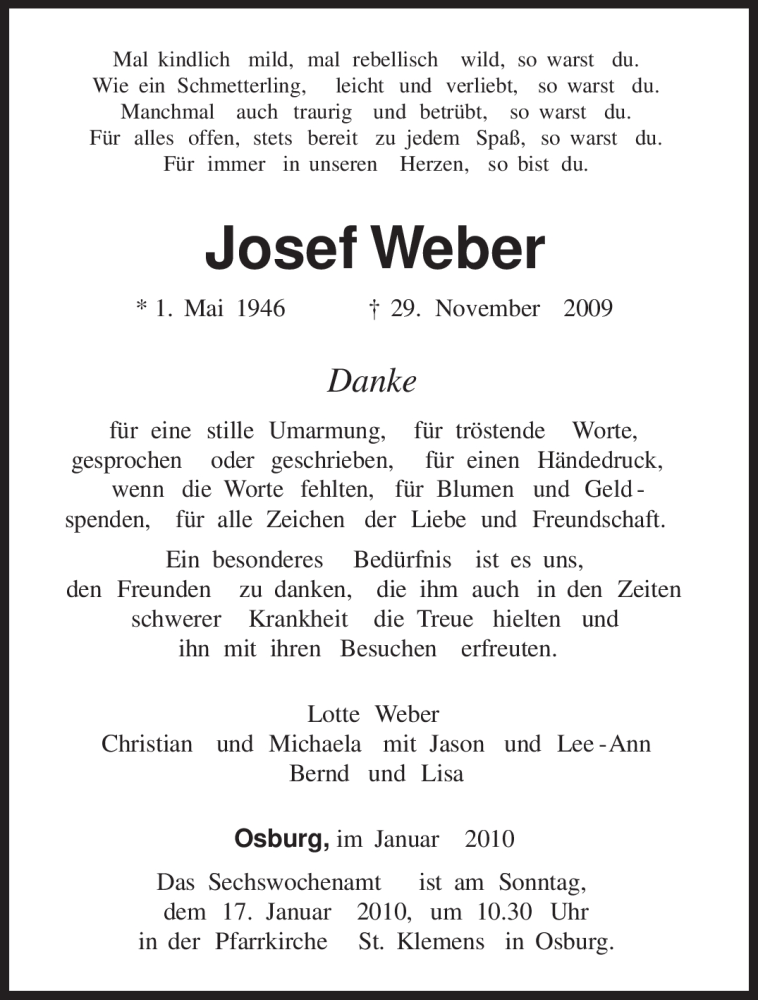  Traueranzeige für Josef Weber vom 09.01.2010 aus TRIERISCHER VOLKSFREUND