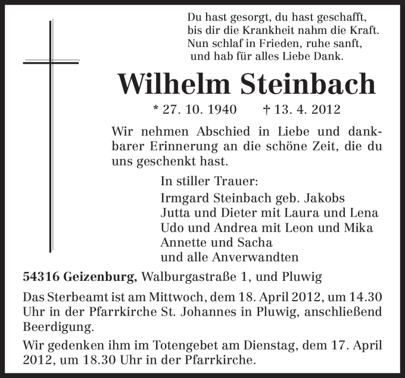  Traueranzeige für Wilhelm Steinbach vom 14.04.2012 aus TRIERISCHER VOLKSFREUND