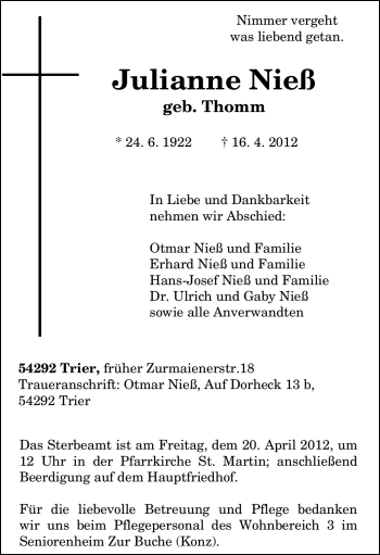 Traueranzeige von Julianne Nieß von TRIERISCHER VOLKSFREUND