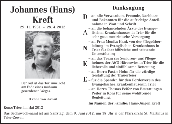 Traueranzeige von Johannes Kreft von TRIERISCHER VOLKSFREUND