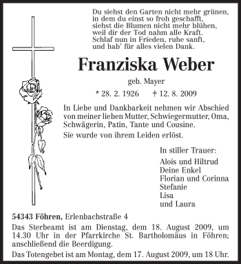 Traueranzeige von Franziska Weber von TRIERISCHER VOLKSFREUND