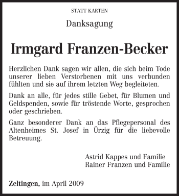 Traueranzeige von Irmgard Franzen-Becker von TRIERISCHER VOLKSFREUND