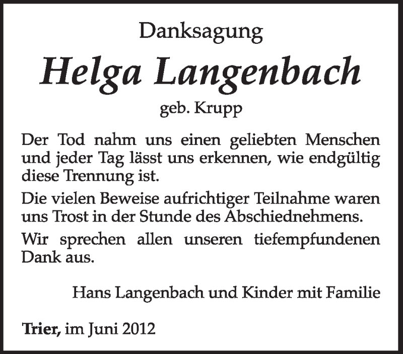  Traueranzeige für Helga Langenbach vom 18.06.2012 aus TRIERISCHER VOLKSFREUND