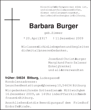 Traueranzeige von Barbara Burger von TRIERISCHER VOLKSFREUND