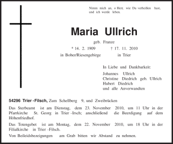 Traueranzeige von Maria Ullrich von TRIERISCHER VOLKSFREUND