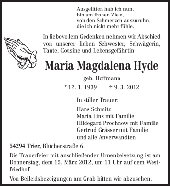 Traueranzeige von Maria Magdalena Hyde von TRIERISCHER VOLKSFREUND