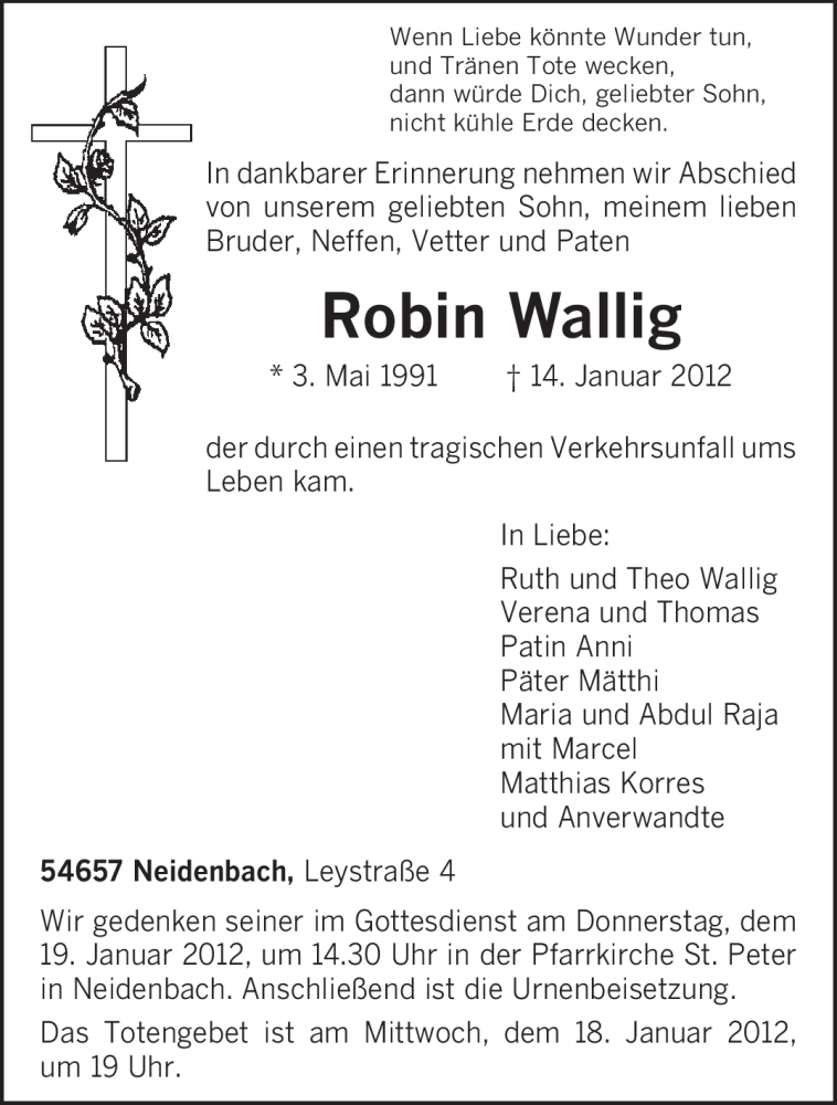  Traueranzeige für Robin Wallig vom 17.01.2012 aus TRIERISCHER VOLKSFREUND