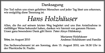 Traueranzeige von Hans Holzhäuser von TRIERISCHER VOLKSFREUND