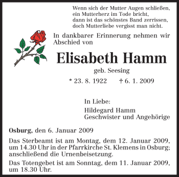 Traueranzeige von Elisabeth Hamm von TRIERISCHER VOLKSFREUND