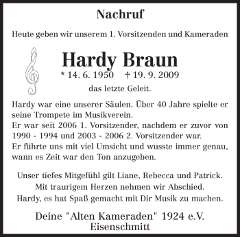 Traueranzeige von Hardy Braun von TRIERISCHER VOLKSFREUND