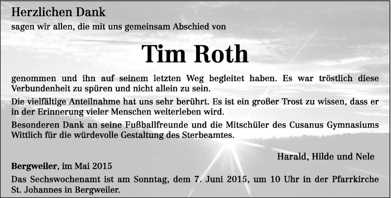 Traueranzeige für Tim Roth vom 30.05.2015 aus trierischer_volksfreund