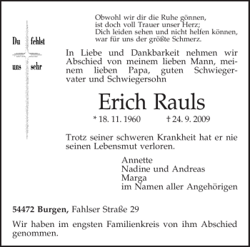Traueranzeige von Erich Rauls von TRIERISCHER VOLKSFREUND