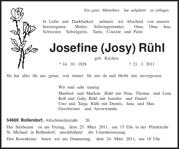 Traueranzeige von Josefine Rühl von TRIERISCHER VOLKSFREUND