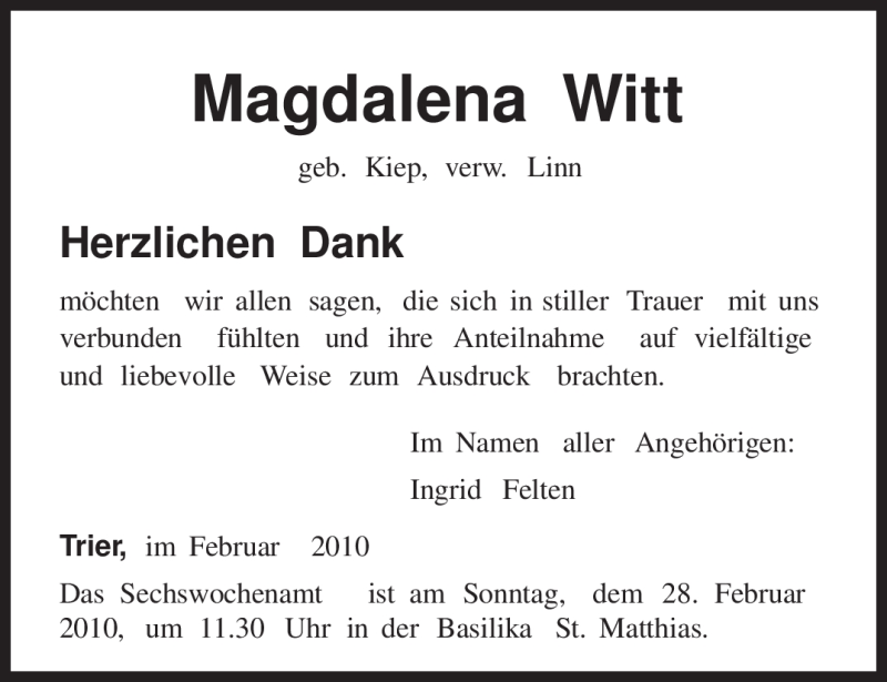  Traueranzeige für Magdalena Witt vom 24.02.2010 aus TRIERISCHER VOLKSFREUND