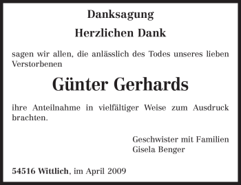 Traueranzeige von Günter Gerhards von TRIERISCHER VOLKSFREUND