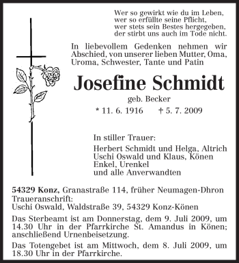 Traueranzeige von Josefine Schmidt von TRIERISCHER VOLKSFREUND