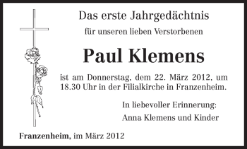 Traueranzeige von Paul Klemens von TRIERISCHER VOLKSFREUND