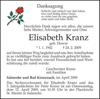 Traueranzeige von Elisabeth Kranz von TRIERISCHER VOLKSFREUND