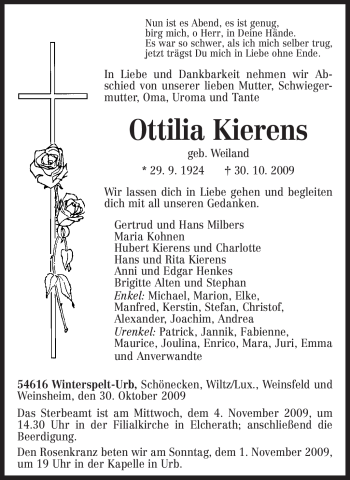 Traueranzeige von Ottilia Kierens von TRIERISCHER VOLKSFREUND