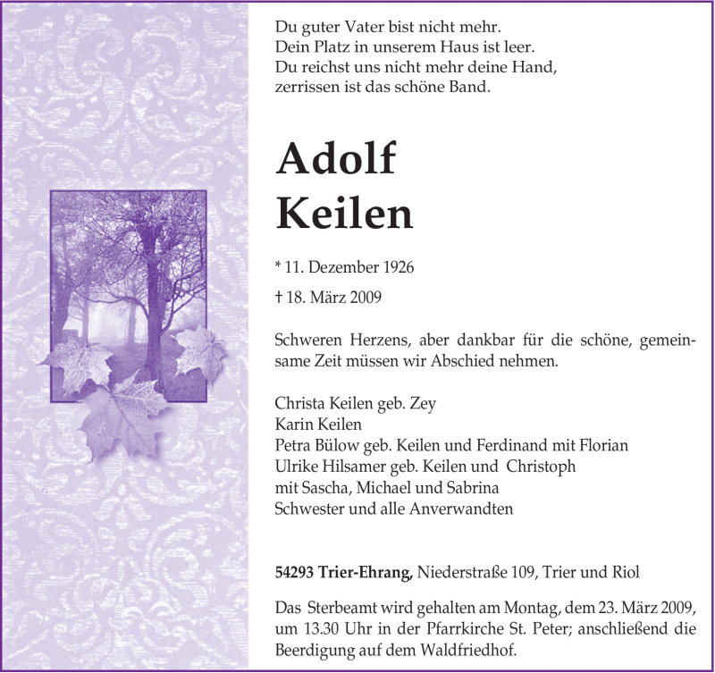  Traueranzeige für Adolf Keilen vom 20.03.2009 aus TRIERISCHER VOLKSFREUND
