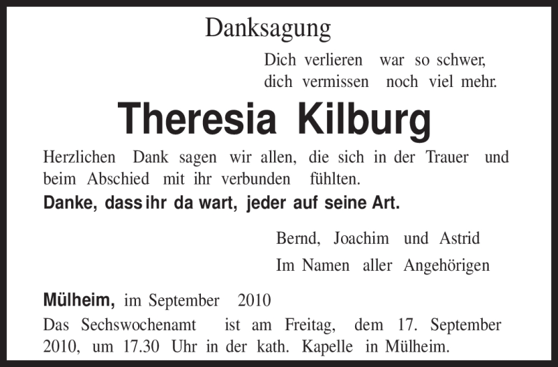  Traueranzeige für Theresia Kilburg vom 16.09.2010 aus TRIERISCHER VOLKSFREUND