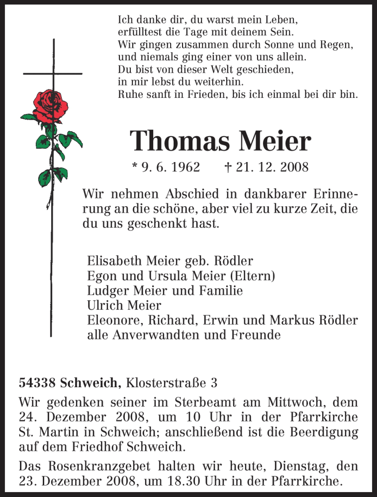  Traueranzeige für Thomas Meier vom 23.12.2008 aus TRIERISCHER VOLKSFREUND