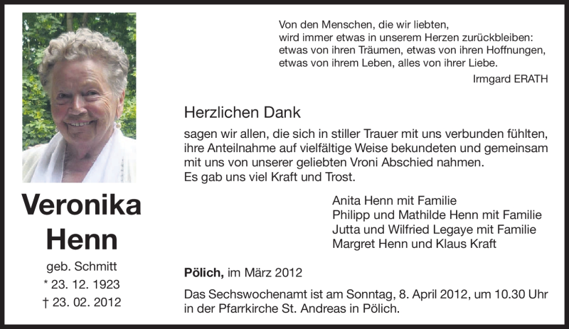  Traueranzeige für Veronika Henn vom 04.04.2012 aus TRIERISCHER VOLKSFREUND