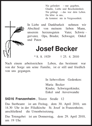 Traueranzeige von Josef Becker von TRIERISCHER VOLKSFREUND