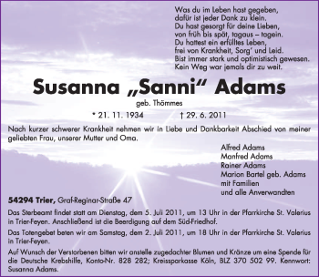 Traueranzeige von Susanna Adams von TRIERISCHER VOLKSFREUND