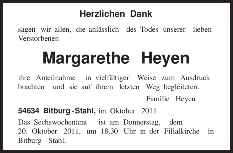  Traueranzeige für Margarethe Heyen vom 15.10.2011 aus TRIERISCHER VOLKSFREUND