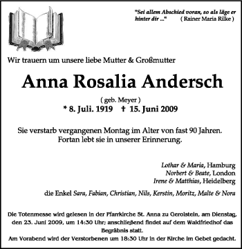 Traueranzeige von Anna Rosalia Andersch von TRIERISCHER VOLKSFREUND