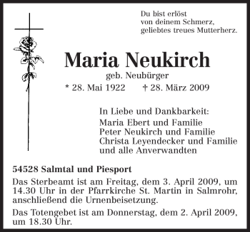Traueranzeige von Maria Neukirch von TRIERISCHER VOLKSFREUND