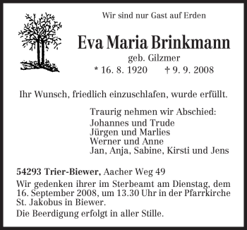 Traueranzeige von Eva Maria Brinkmann von TRIERISCHER VOLKSFREUND