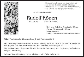 Traueranzeige von Rudolf Könen von TRIERISCHER VOLKSFREUND