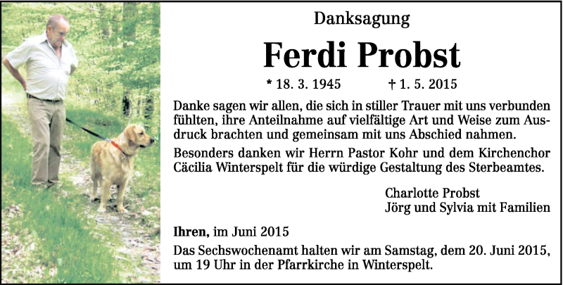  Traueranzeige für Ferdi Probst vom 16.06.2015 aus trierischer_volksfreund