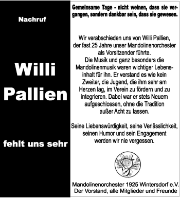 Traueranzeige von Willi Pallien von TRIERISCHER VOLKSFREUND