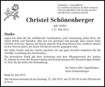 Traueranzeige von Christel Schönenberger von trierischer_volksfreund