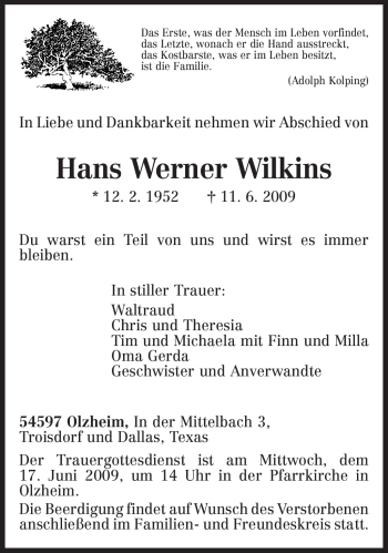 Traueranzeige von Hans Werner Wilkins von TRIERISCHER VOLKSFREUND