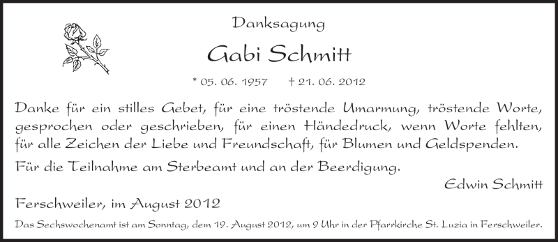  Traueranzeige für Gabi Schmitt vom 11.08.2012 aus TRIERISCHER VOLKSFREUND