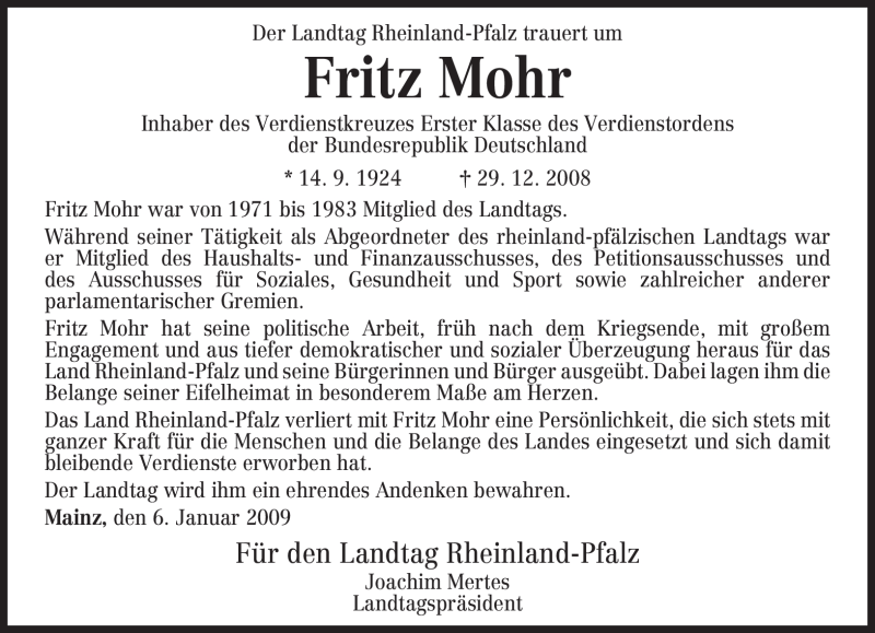  Traueranzeige für Fritz Mohr vom 09.01.2009 aus TRIERISCHER VOLKSFREUND