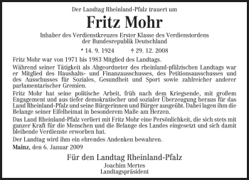 Traueranzeige von Fritz Mohr von TRIERISCHER VOLKSFREUND